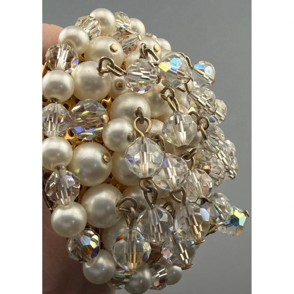 Vintage Kramer Brooch Faux Pearl AB Crystal Clusters Dangling Cha-Cha Style 2.5